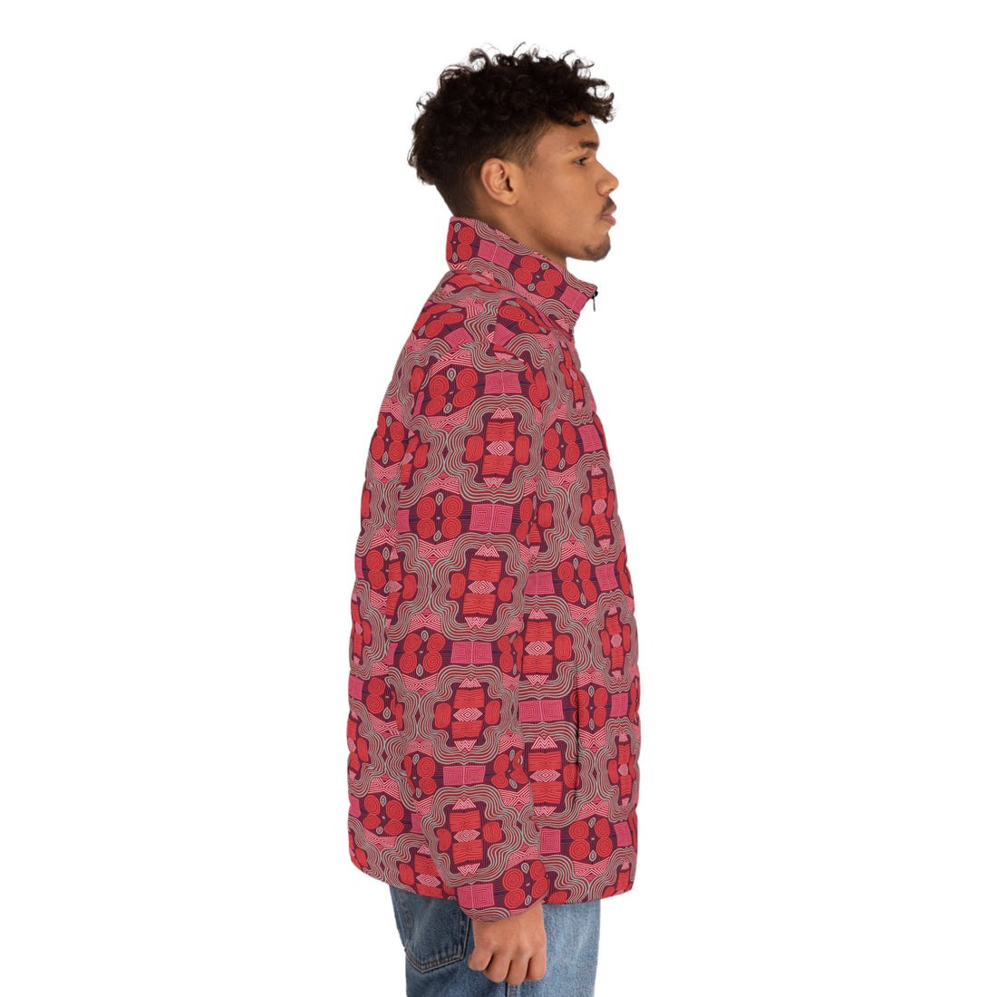 Deep Red Men's Geometric Print Puffer Jacket