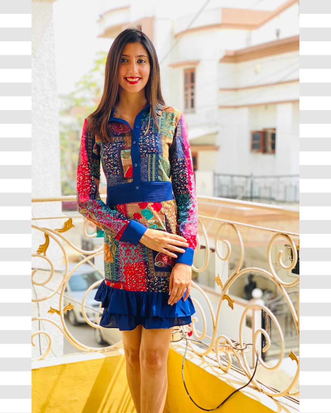 Modest Kitsch Patchwork Print Dress with Ruffle Hem