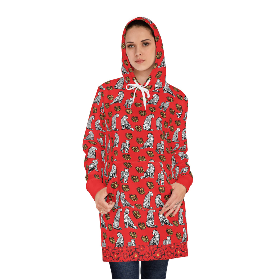 Red Cheetah Hearts Hoodie Dress (AOP)