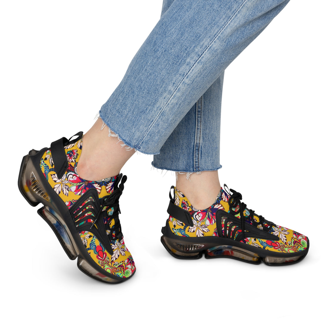 Yellow Floral Pop OTT Women's Mesh Knit Sneakers
