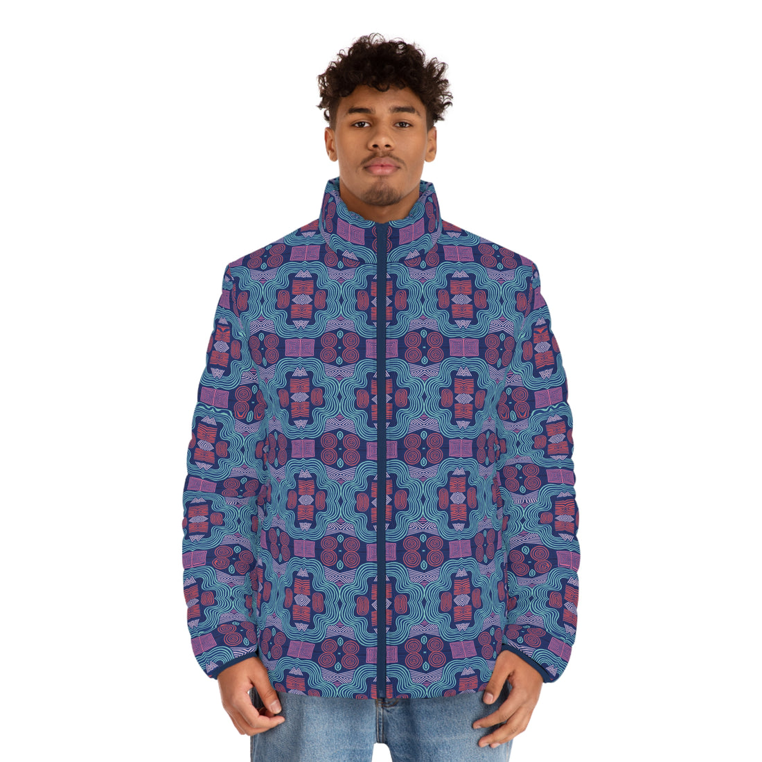 Blue Men's Geometric Print Puffer Jacket