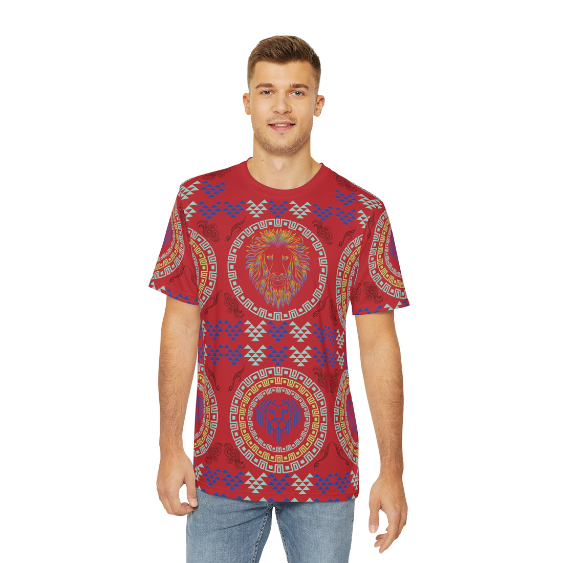 Deep Red Geo Lion Head Polyester Tee (AOP)