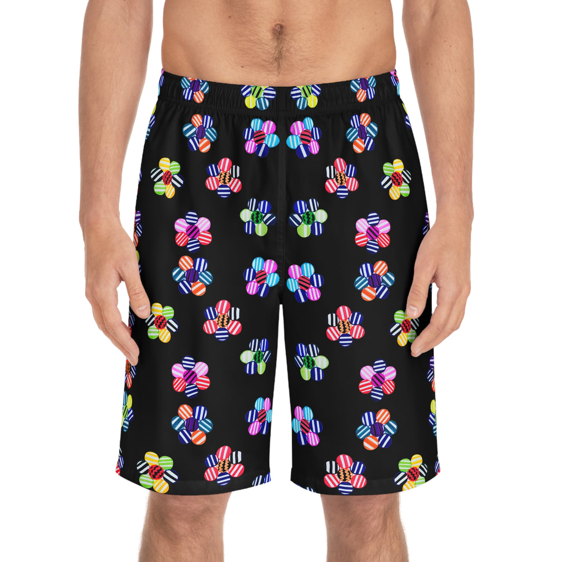 Black geometric floral board shorts for men with elastic waistband