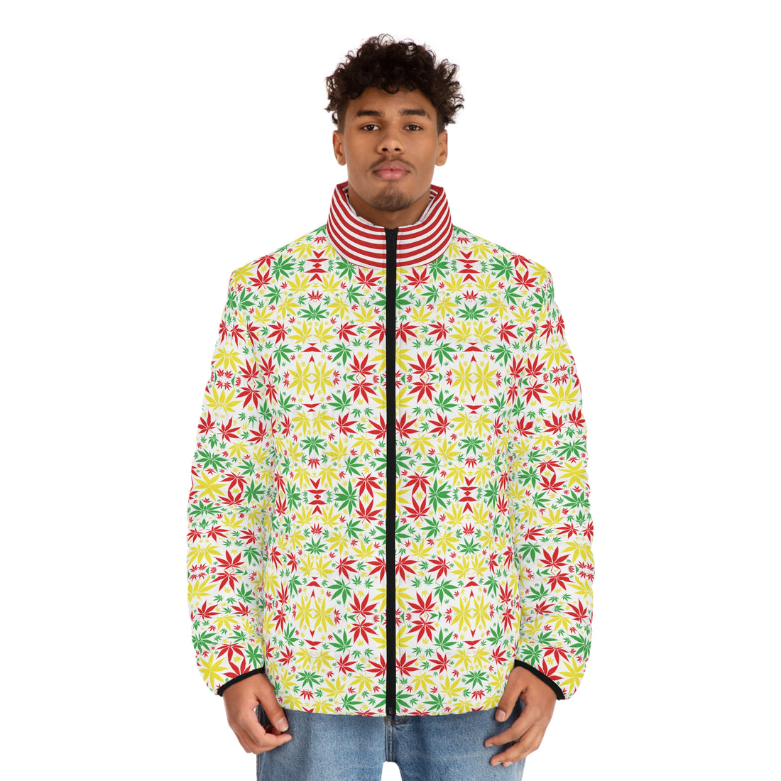 White Tropical Rasta Toned Men's Puffer Jacket