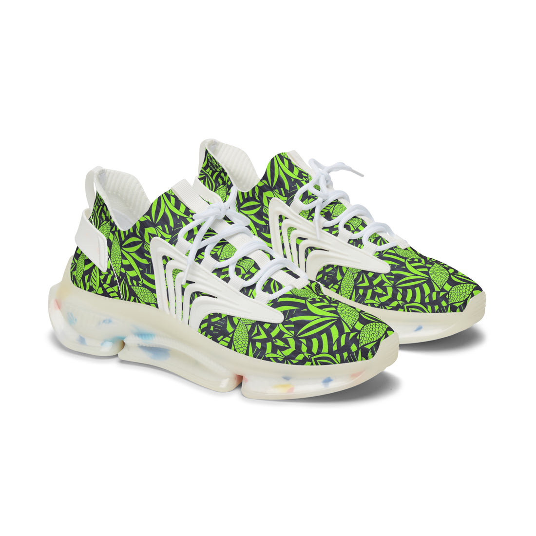 lime green tropical print mesh knit sneakers