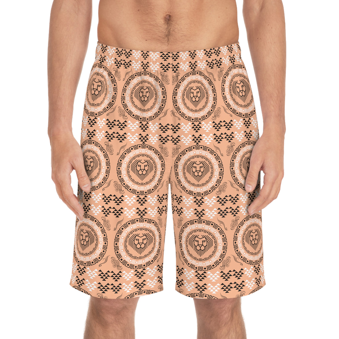 Peach Geo Lion Head Men's Board Shorts (AOP)