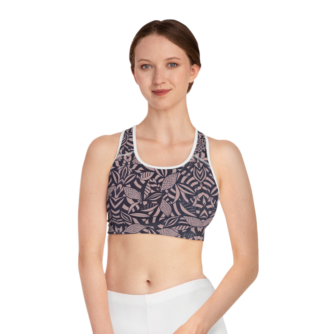 Taupe Tropical Minimalist Racerback (AOP) Sports Bra