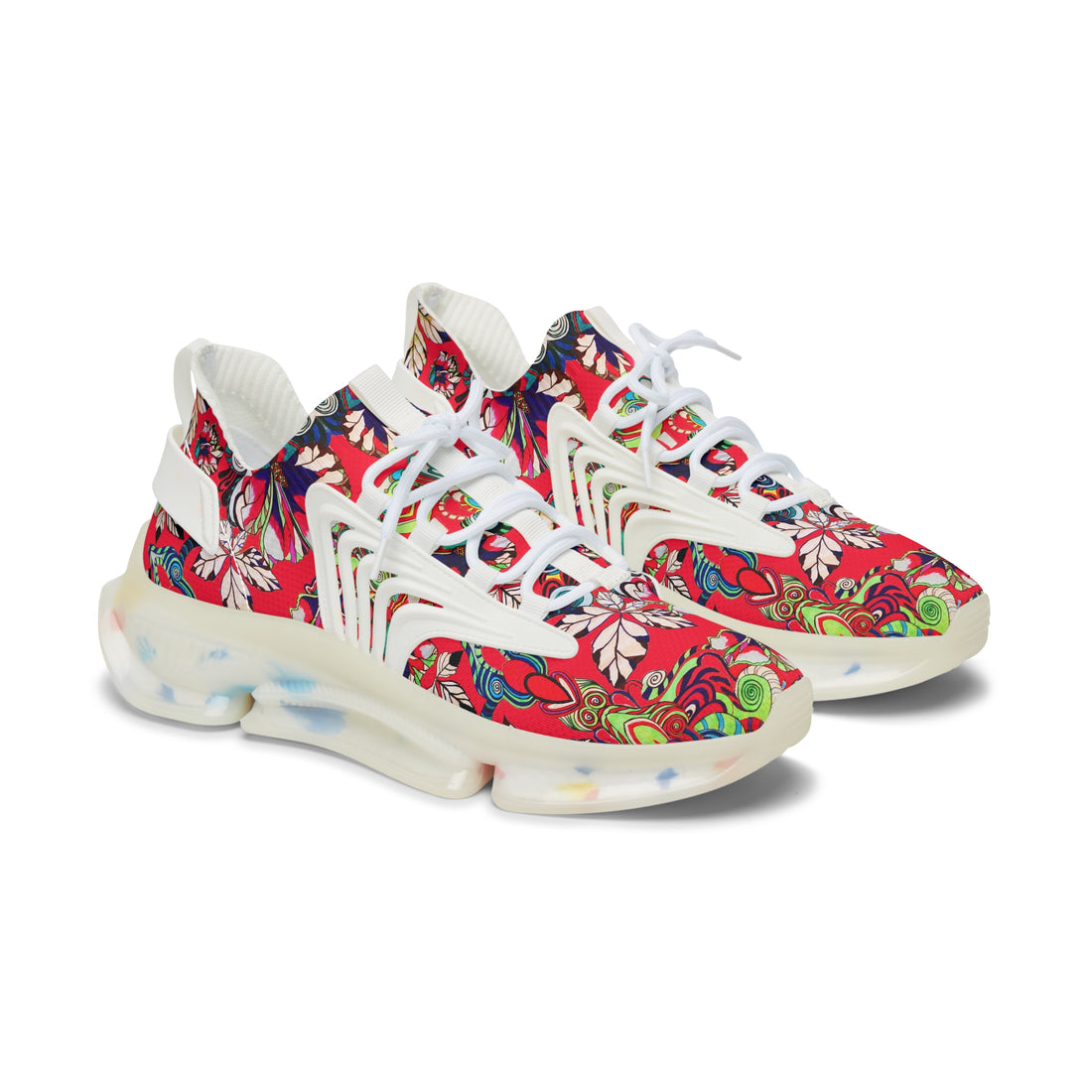 red women's graphic floral print mesh knit sneakers