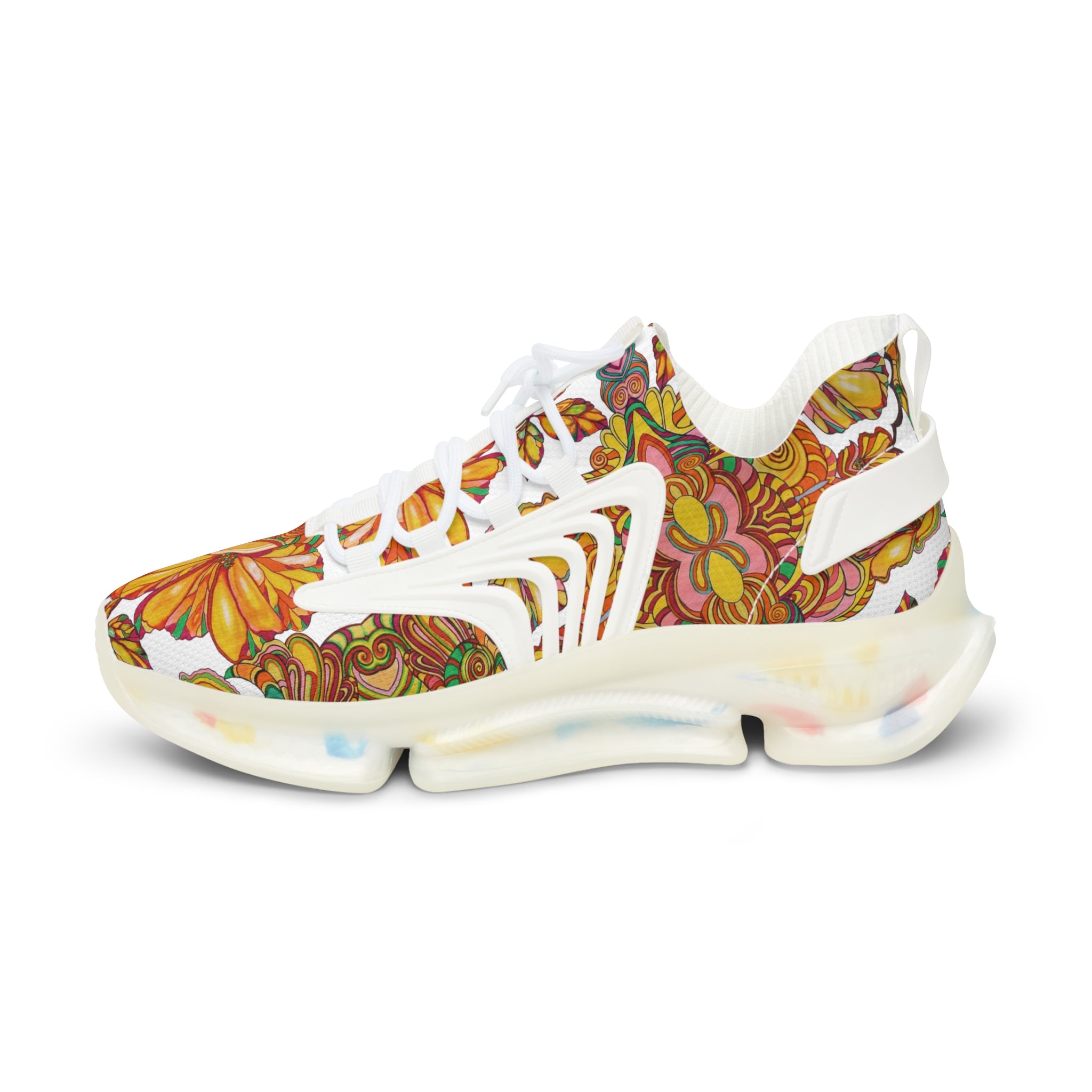 White Artsy Floral Pop OTT Men's Mesh Knit Sneakers