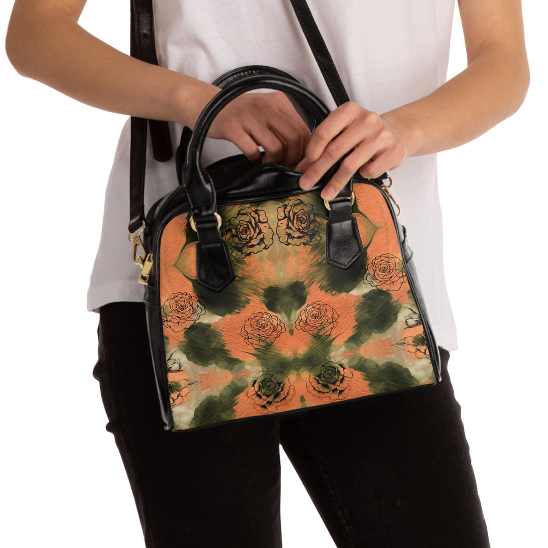 rose brush stroke print handbag in pu leather with shoulder strap & carry handle