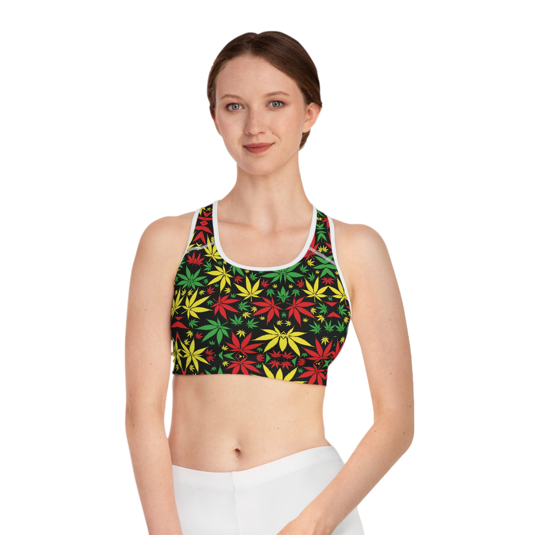 Black Tropical Rasta Toned Racer Back (AOP) Sports Bra