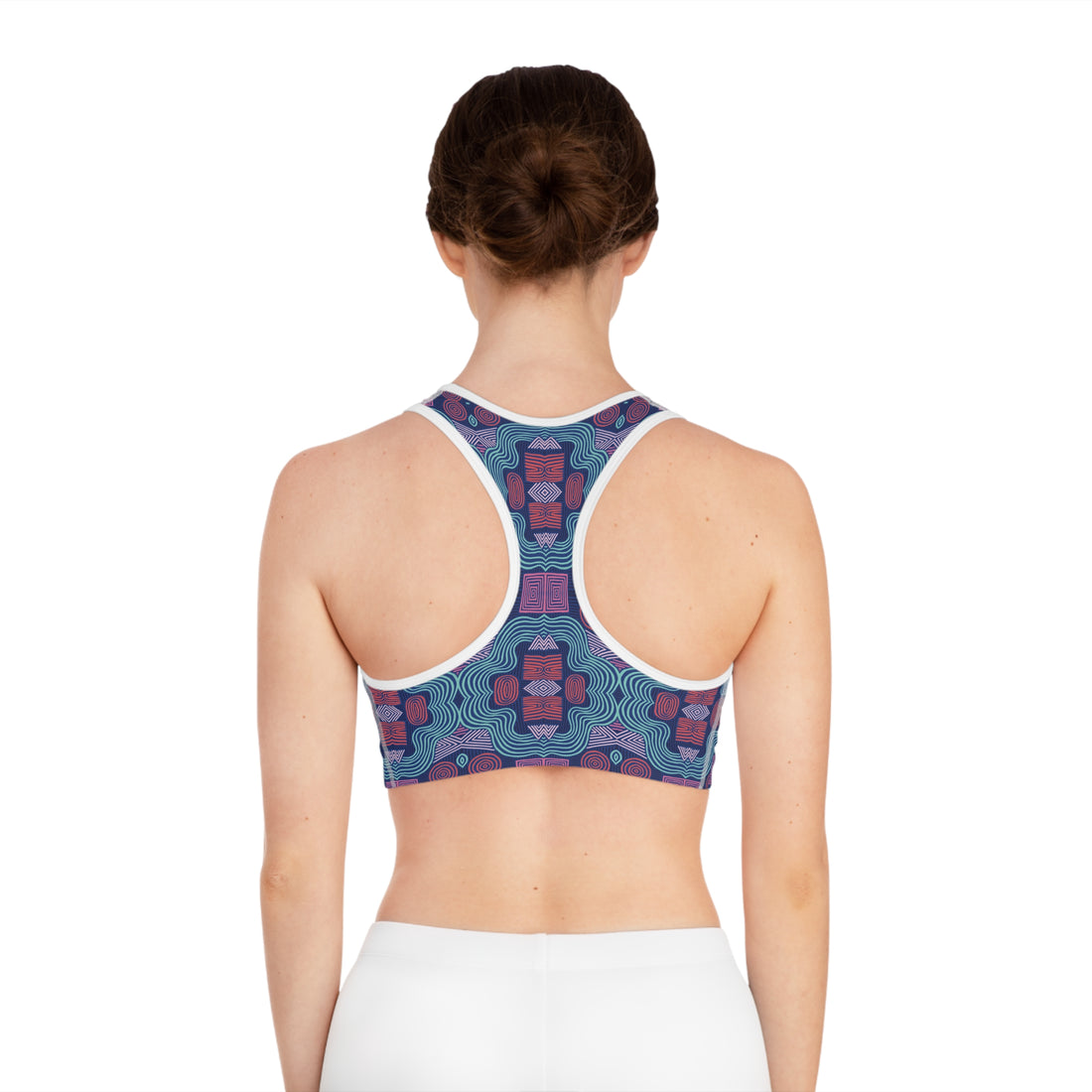 Blue Geometric Print (AOP) Racerback Sports Bra