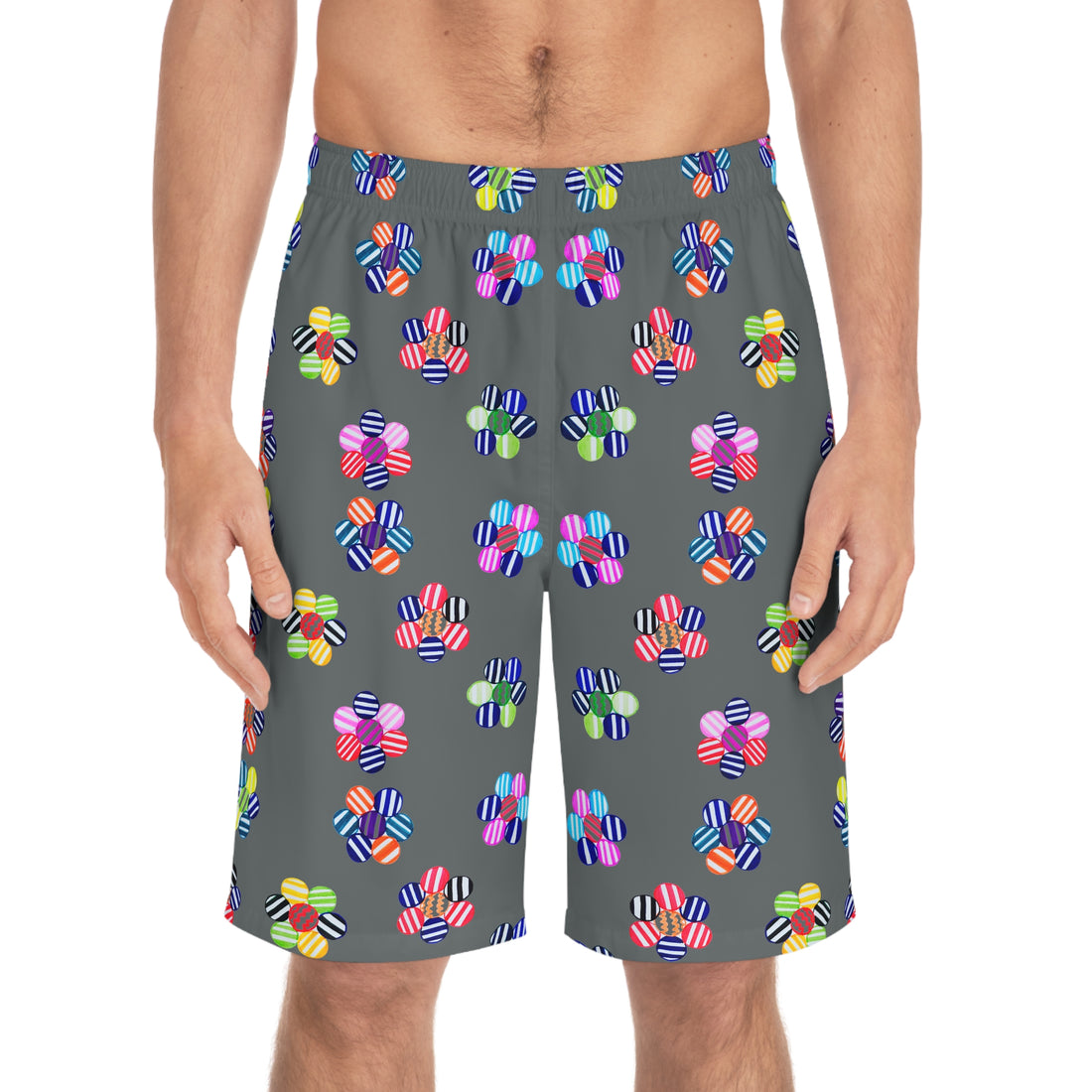 ash grey geometric floral board shorts for men with elastic waistband