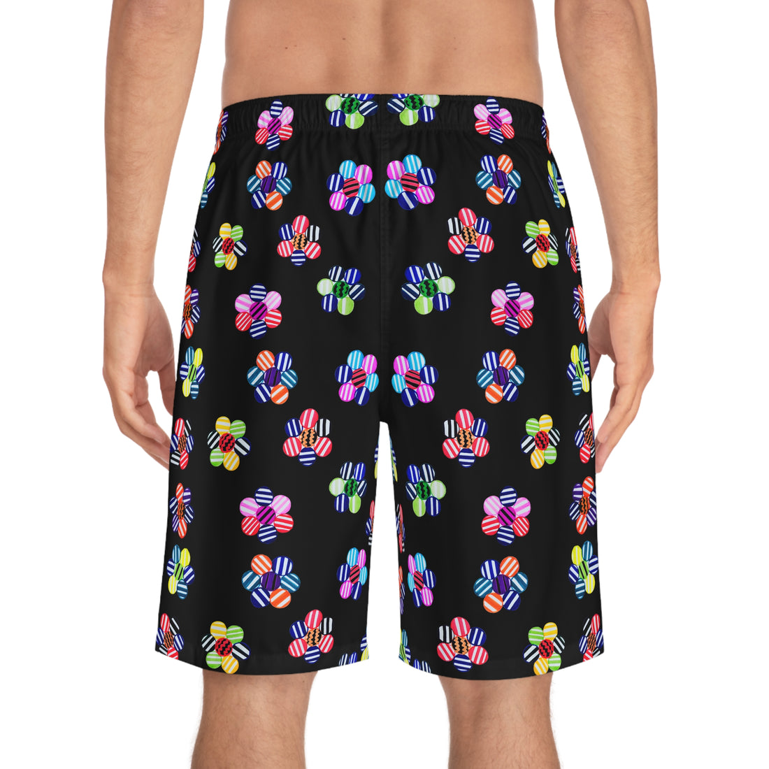 black geometric floral board shorts for men with elastic waistband