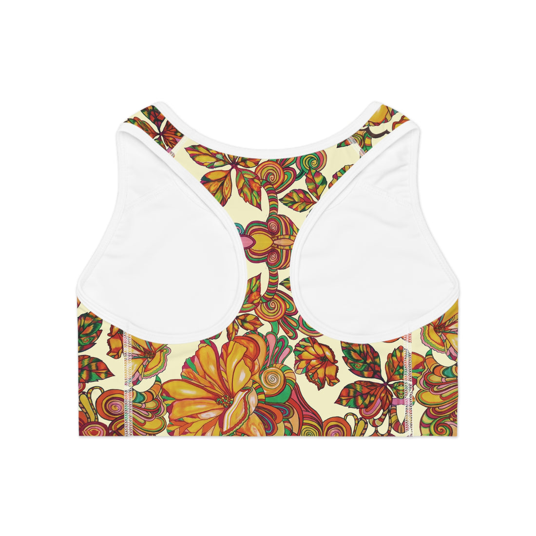 Cream Artsy Floral Racer Back (AOP) Sports Bra