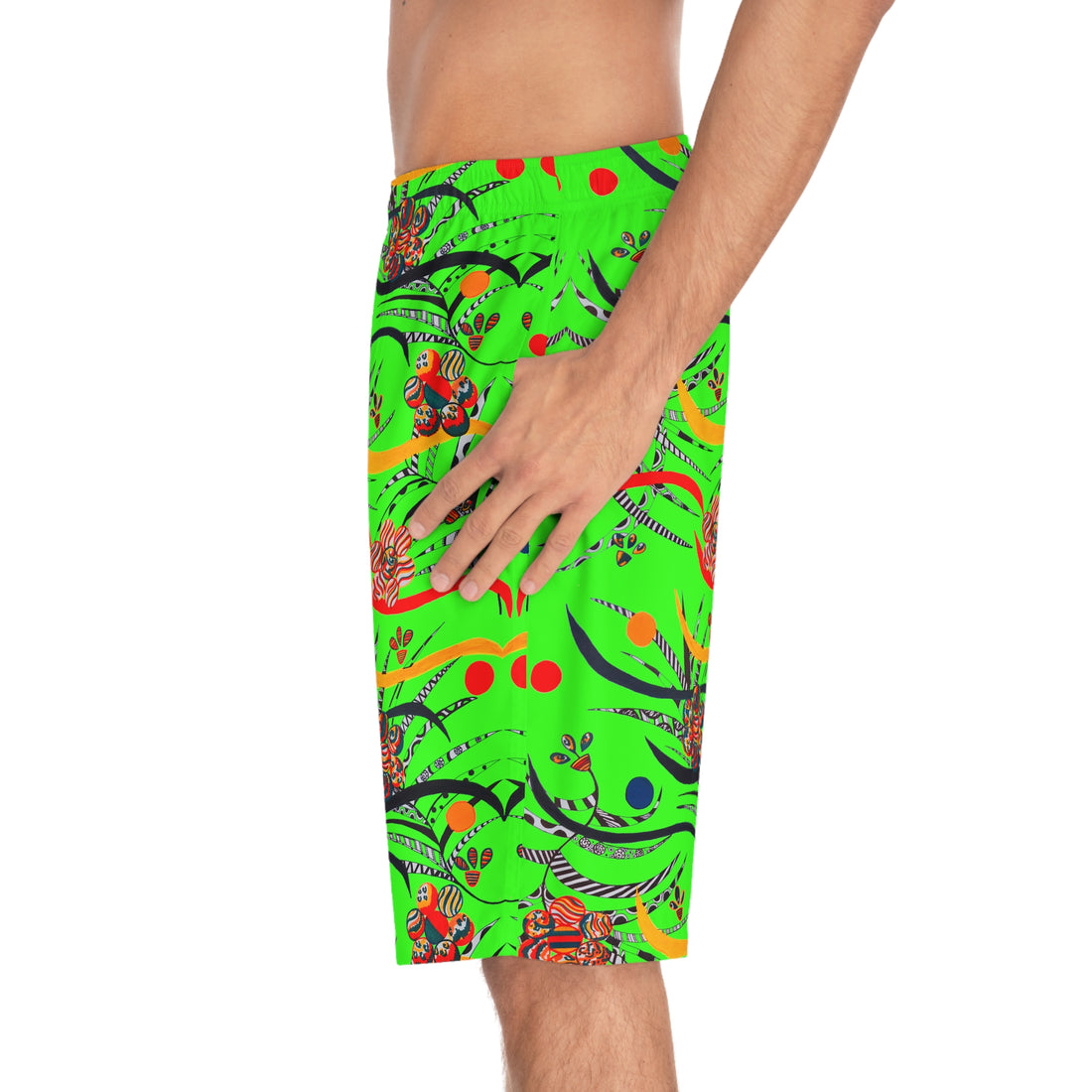 Neon Green Wilderness Print Men's Board Shorts (AOP)