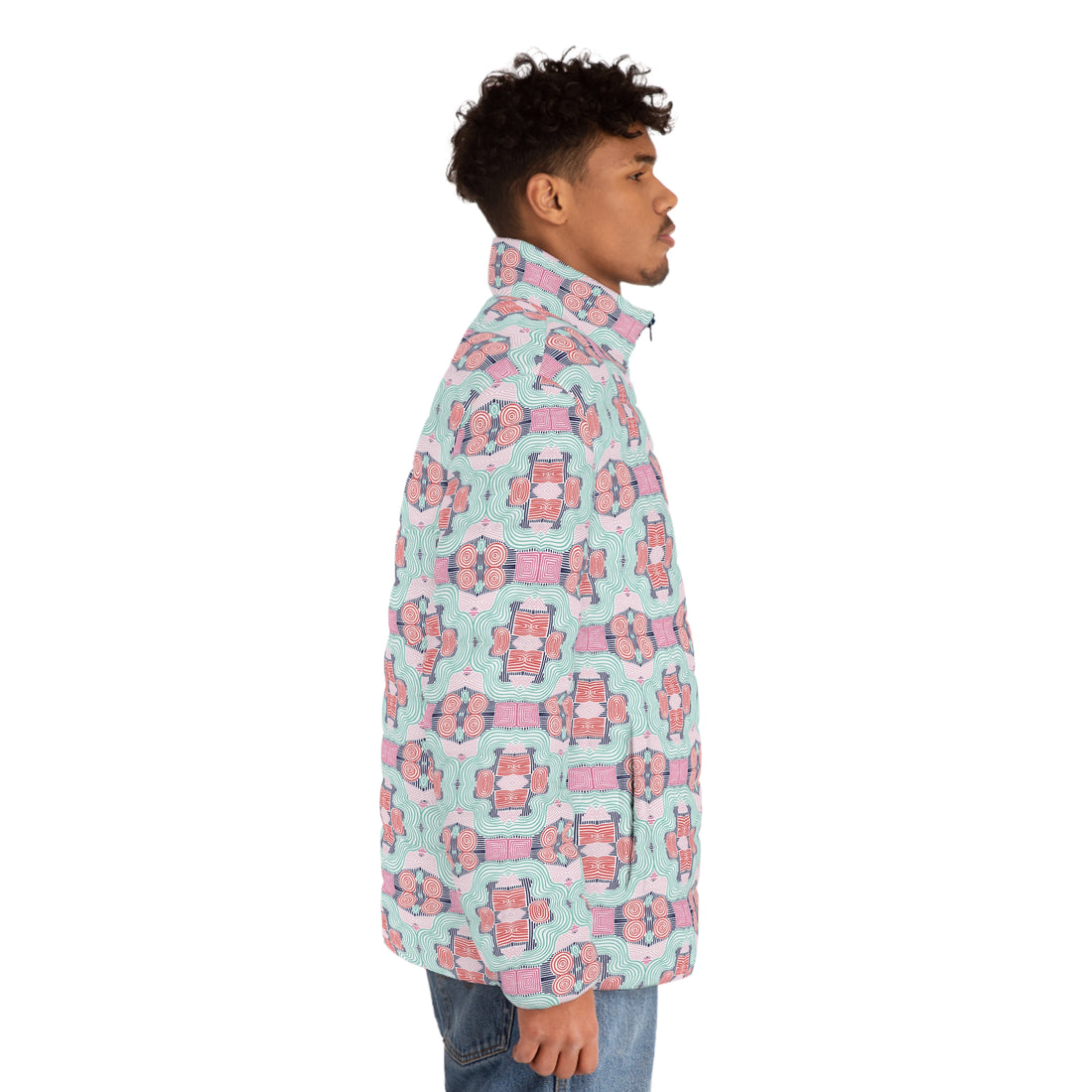 White Men's Geometric Print Puffer Jacket