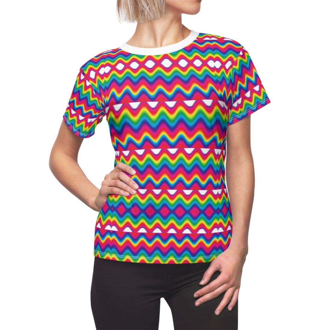 White multi colour scallop print pschedelic women's cap sleeves t-shirt