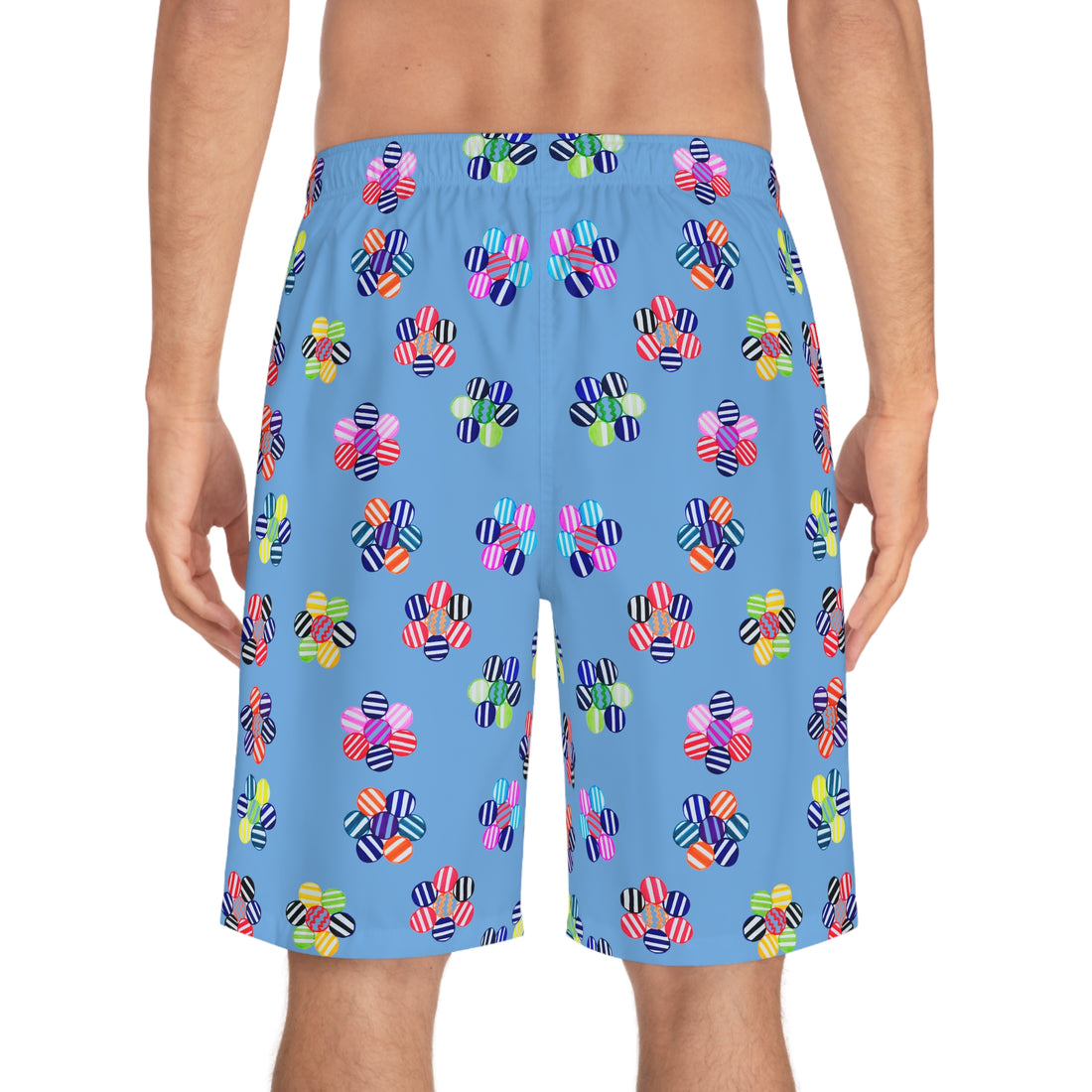 Sky Bluue Red Geo Candy Floral Men's Board Shorts (AOP)