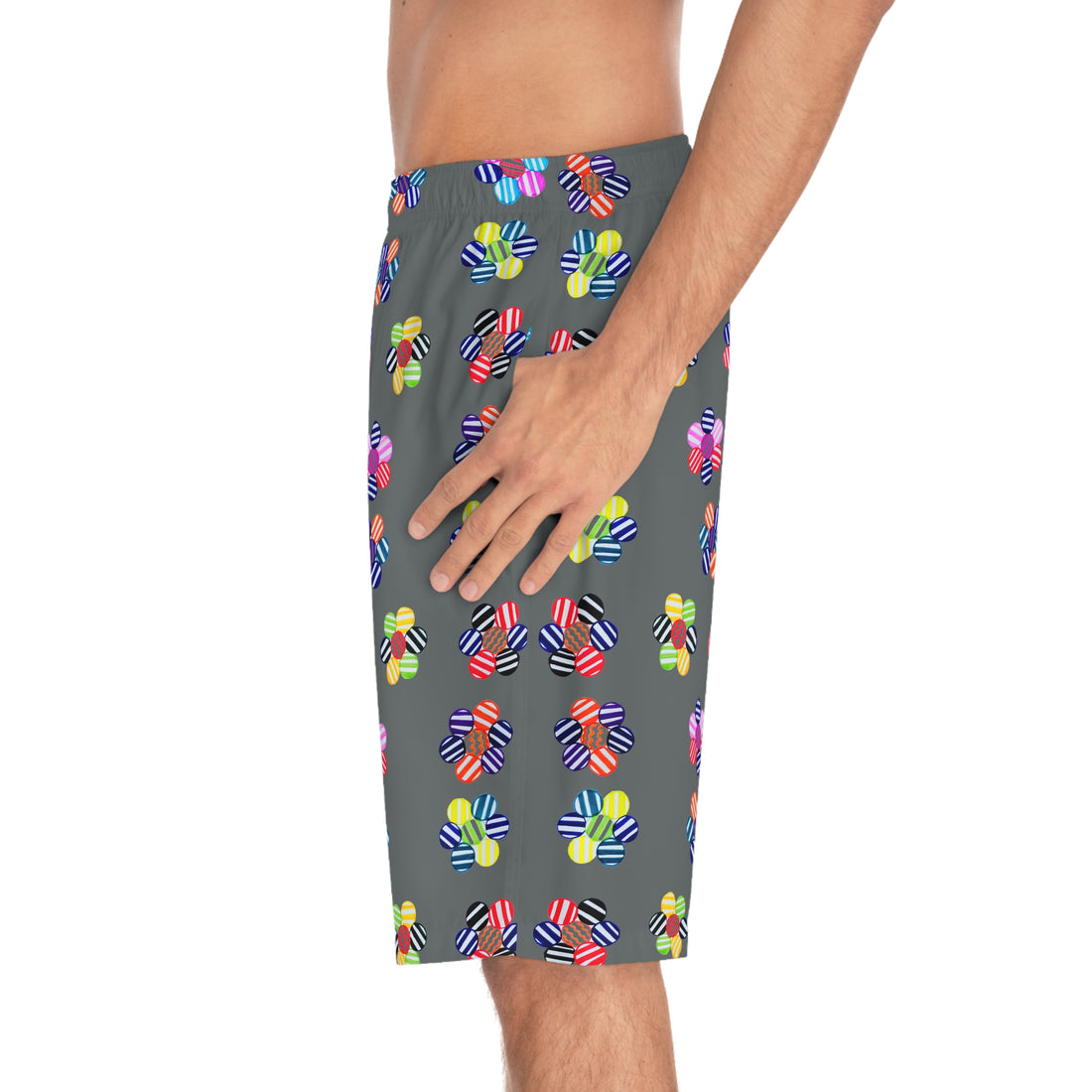 ash grey geometric floral board shorts for men with elastic waistband