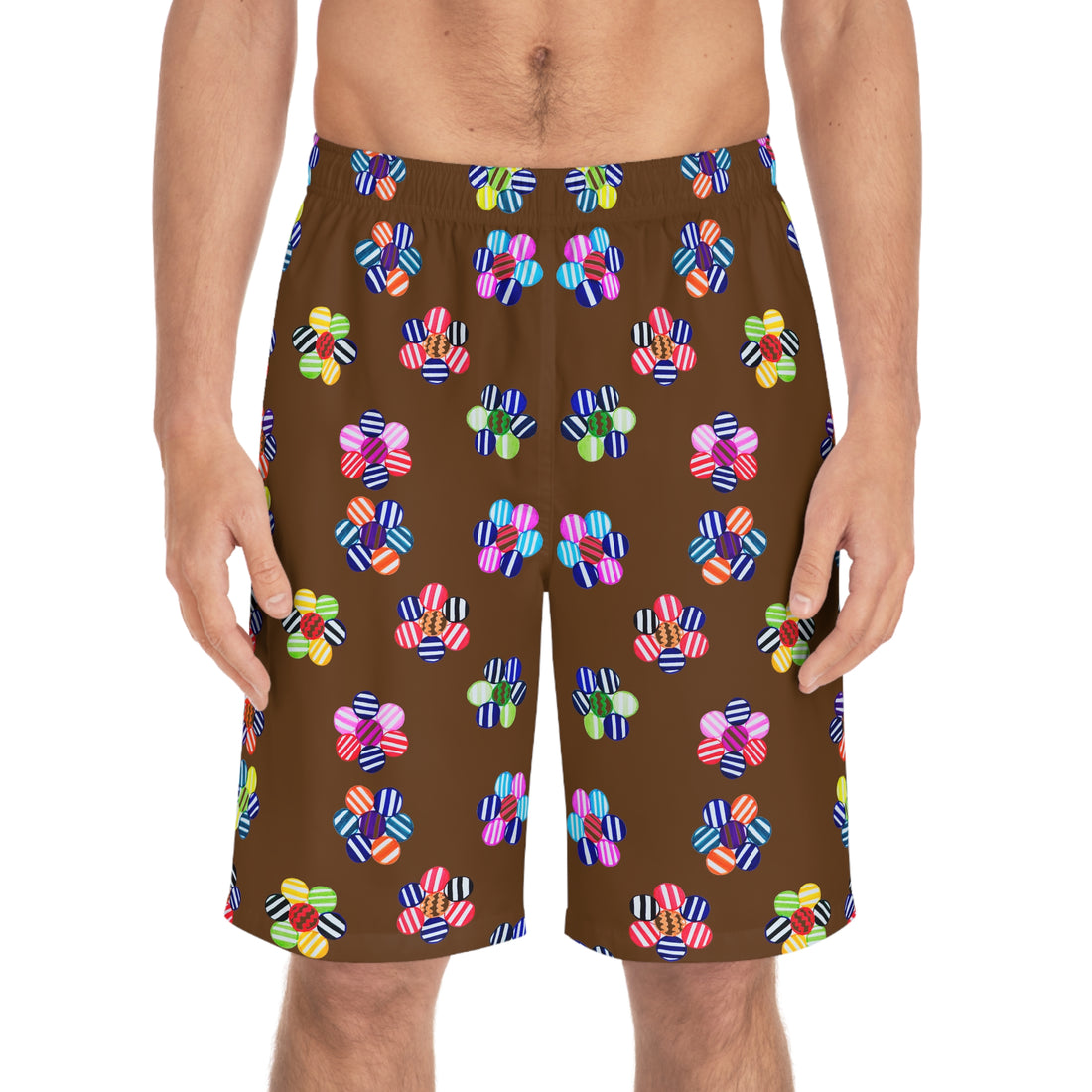 brown geometric floral board shorts for men with elastic waistband