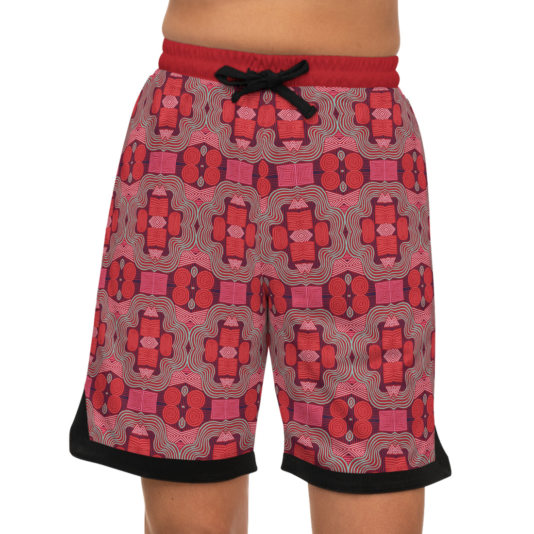 Red Geometric Print Basketball Rib Shorts (AOP)