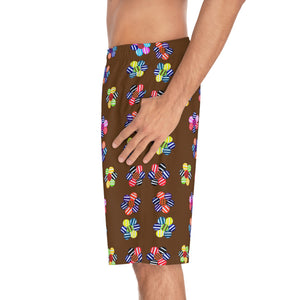 brown geometric floral board shorts for men with elastic waistband