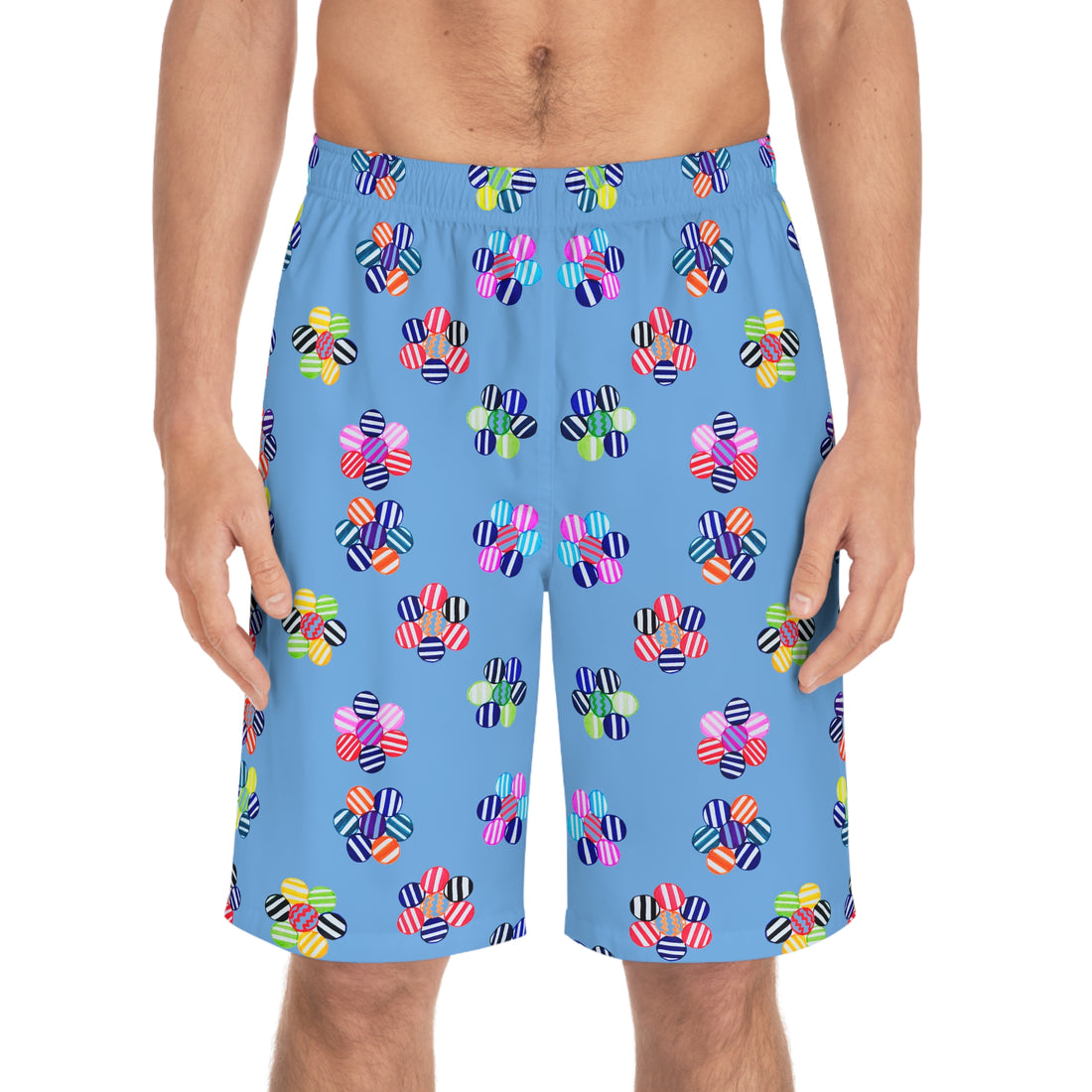 Sky Bluue Red Geo Candy Floral Men's Board Shorts (AOP)