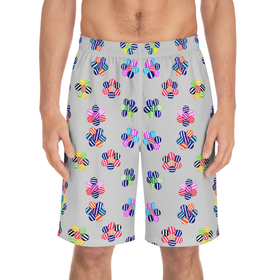 slate geometric floral board shorts for men with elastic waistband