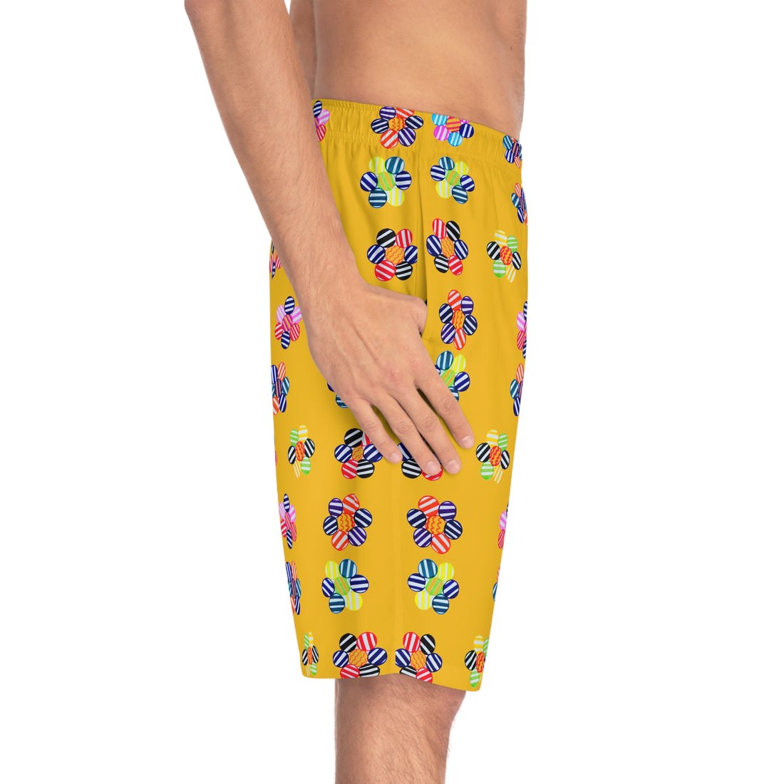 yellow geometric floral board shorts for men with elastic waistband