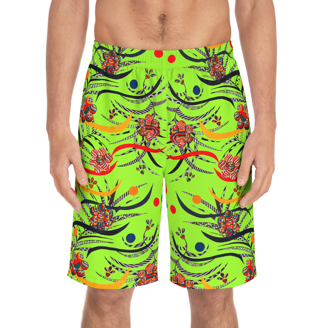 Lime Green Wilderness Print Men's Board Shorts (AOP)