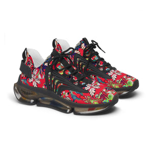 red women's graphic floral print mesh knit sneakers
