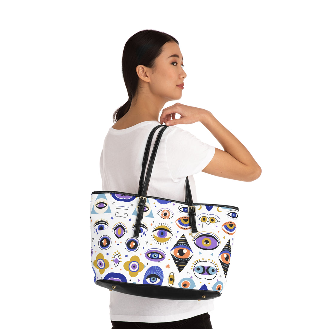 White Abstract Evil Eye PU Leather Shoulder Bag