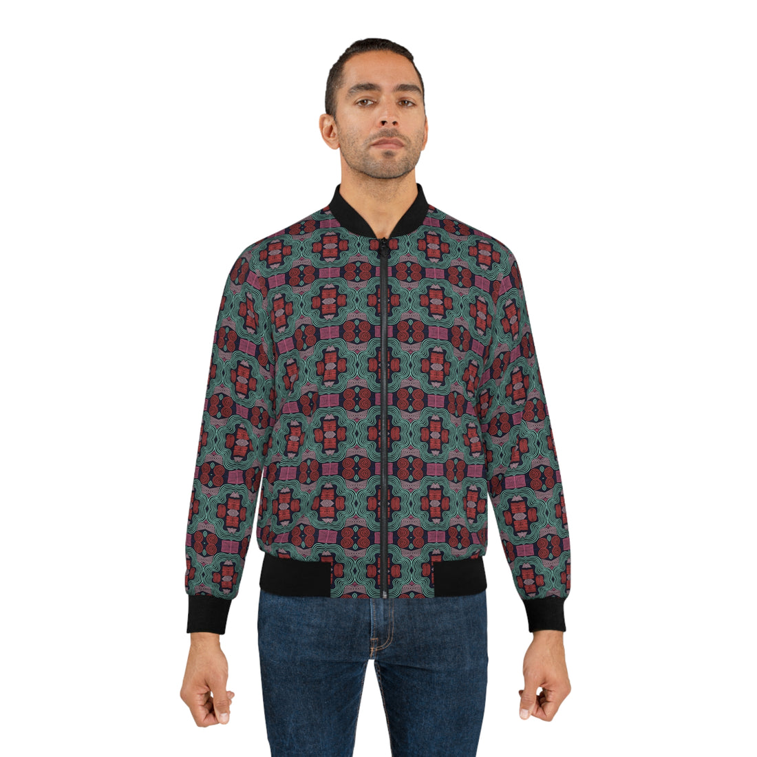 Black Geometric Print Men's Bomber Jacket