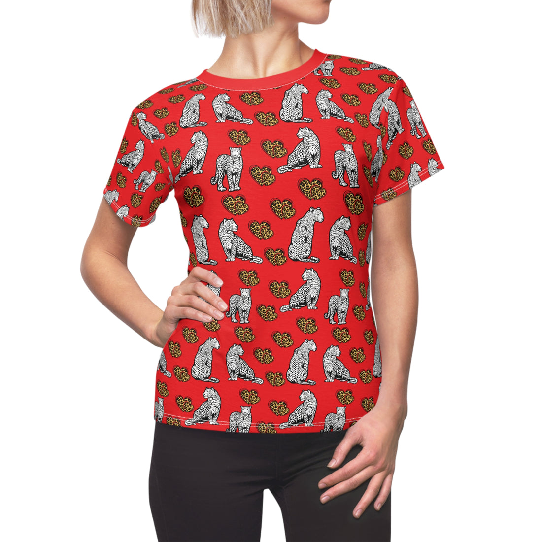 Red Cheetah Hearts AOP Women's Cap Sleeves T-shirt