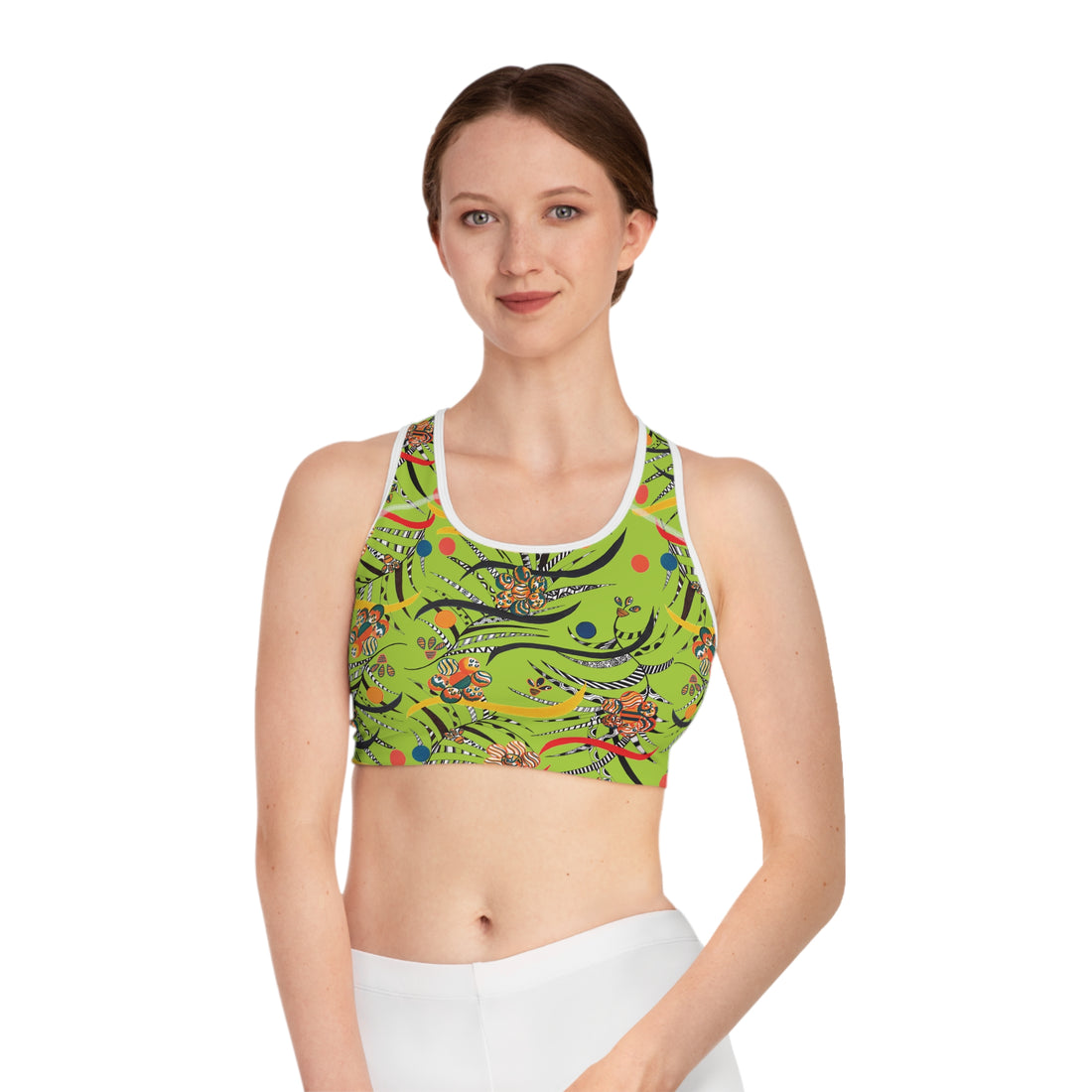 Lime Green Wilderness Print Racer Back (AOP) Sports Bra