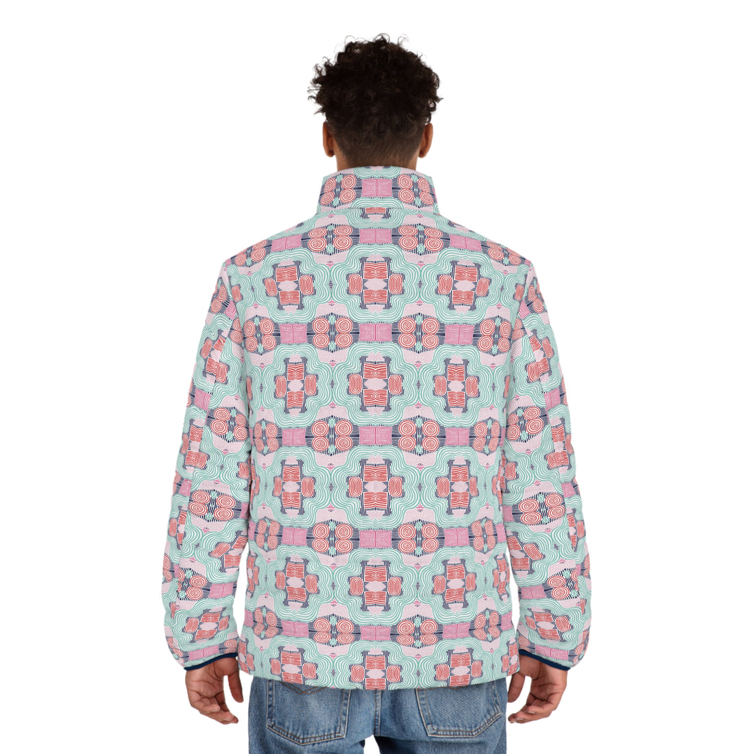 White Men's Geometric Print Puffer Jacket