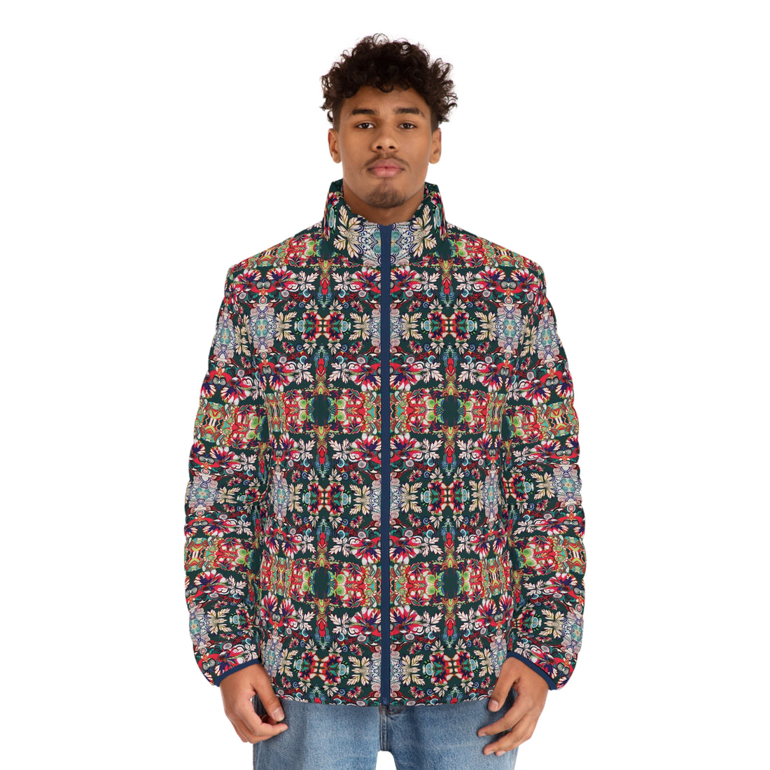 Bottle Green Floral Pop Men's Puffer Jacket