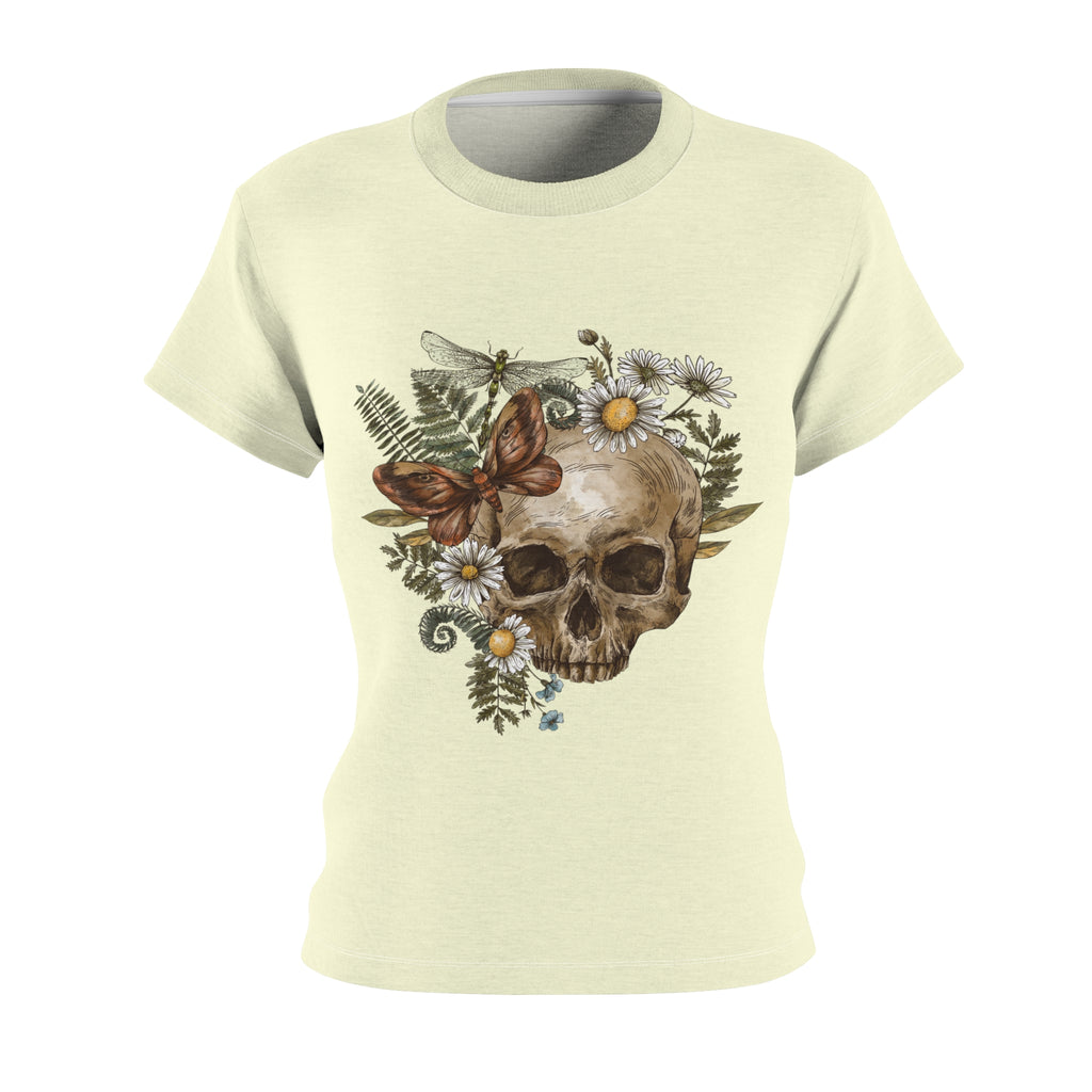 cream skull, floral & butterfly vintage print t-shirt for women