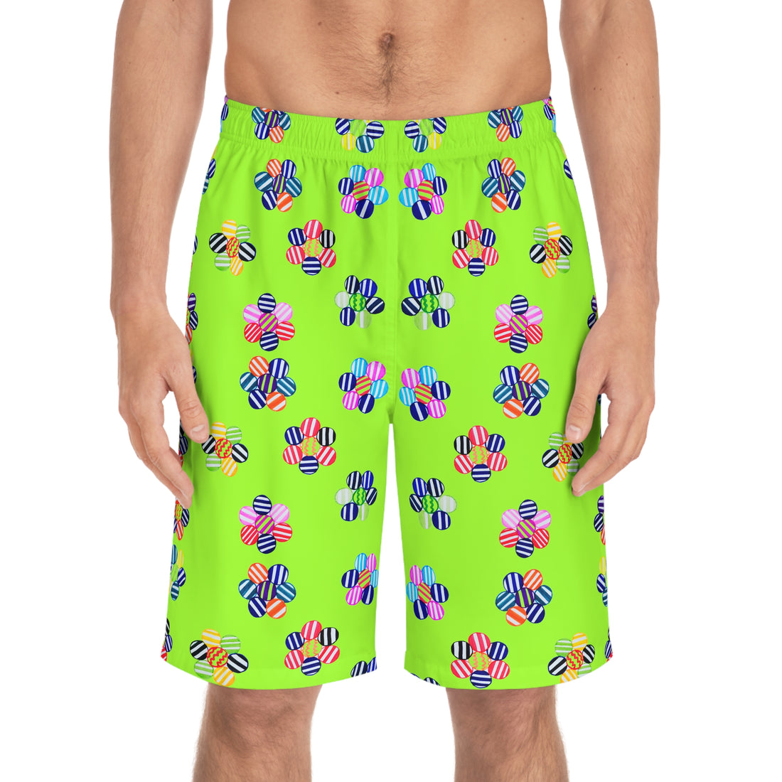 Lime Geo Candy Floral Men's Board Shorts (AOP)