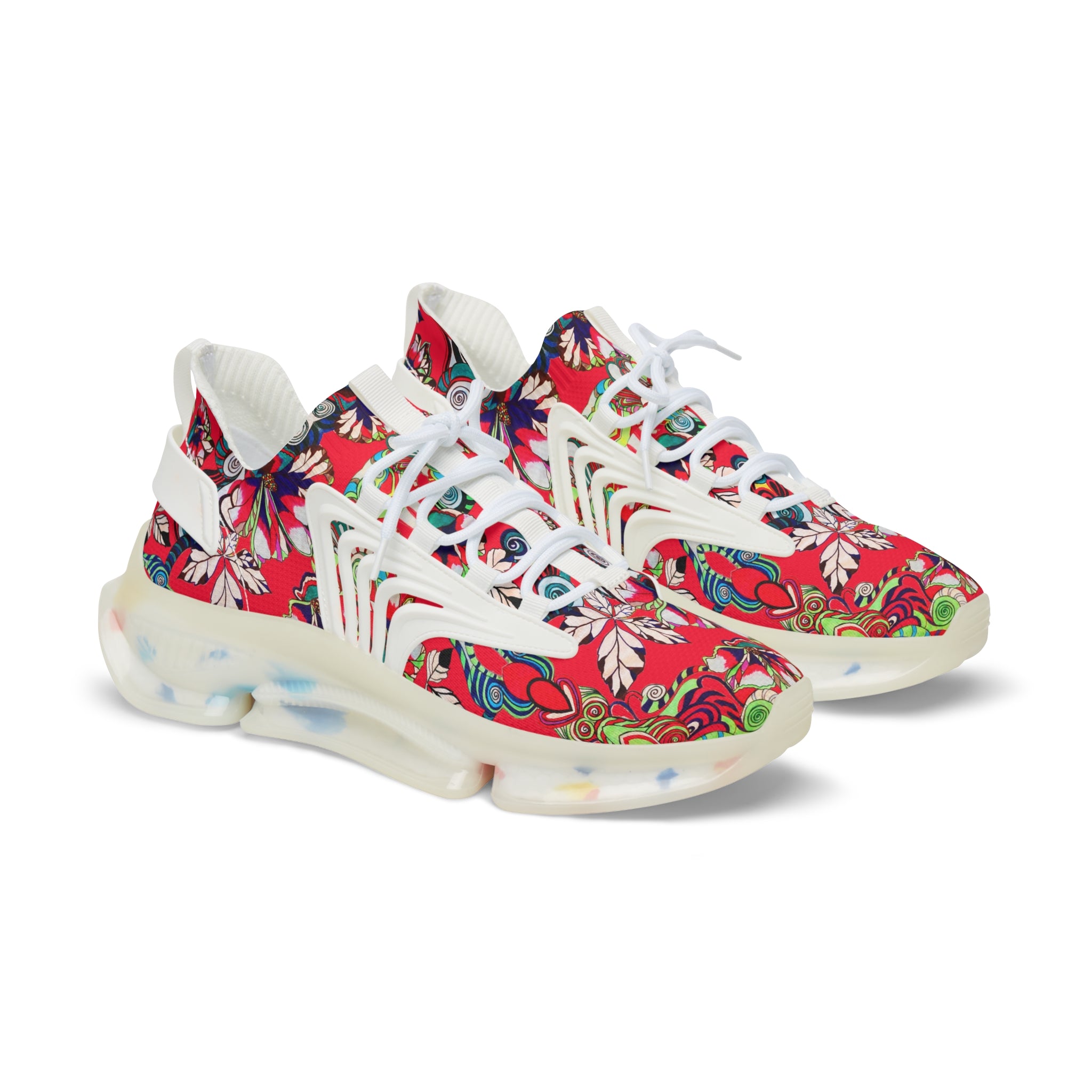 red men's graphic floral print mesh knit sneakers