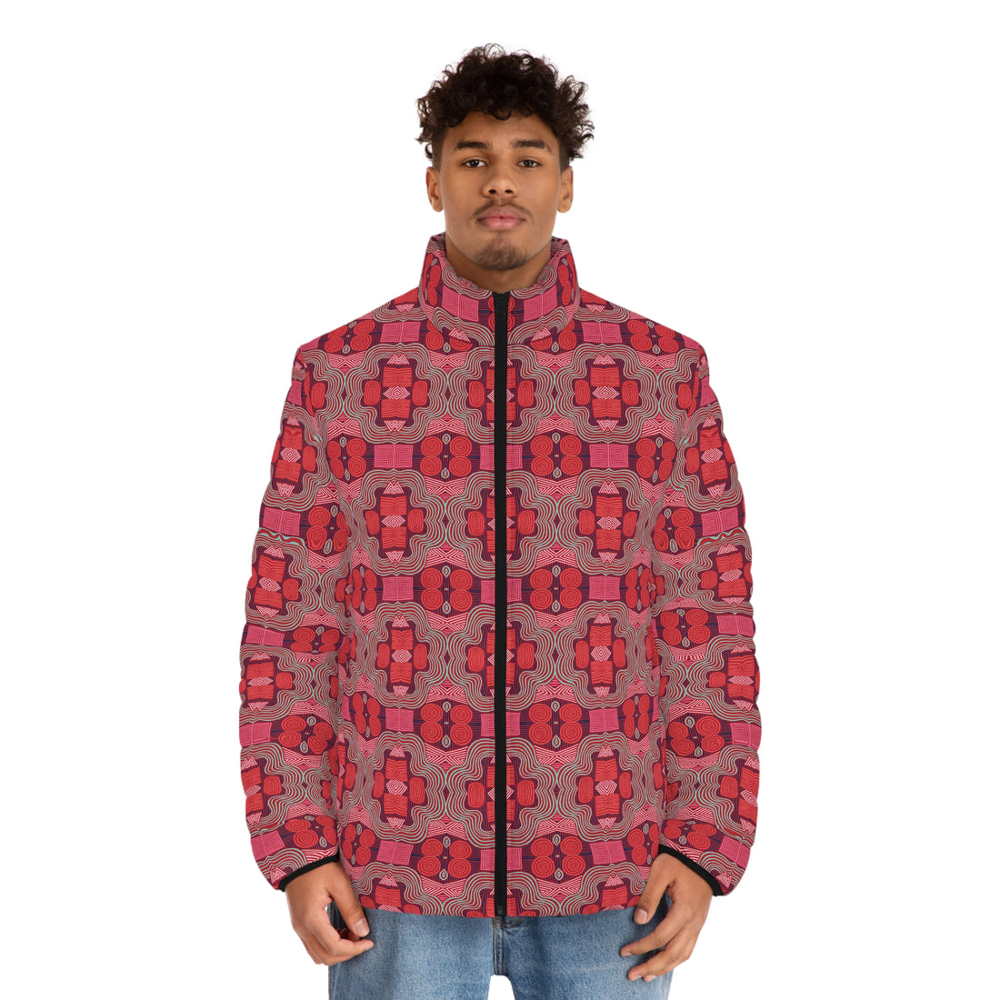 Deep Red Men's Geometric Print Puffer Jacket