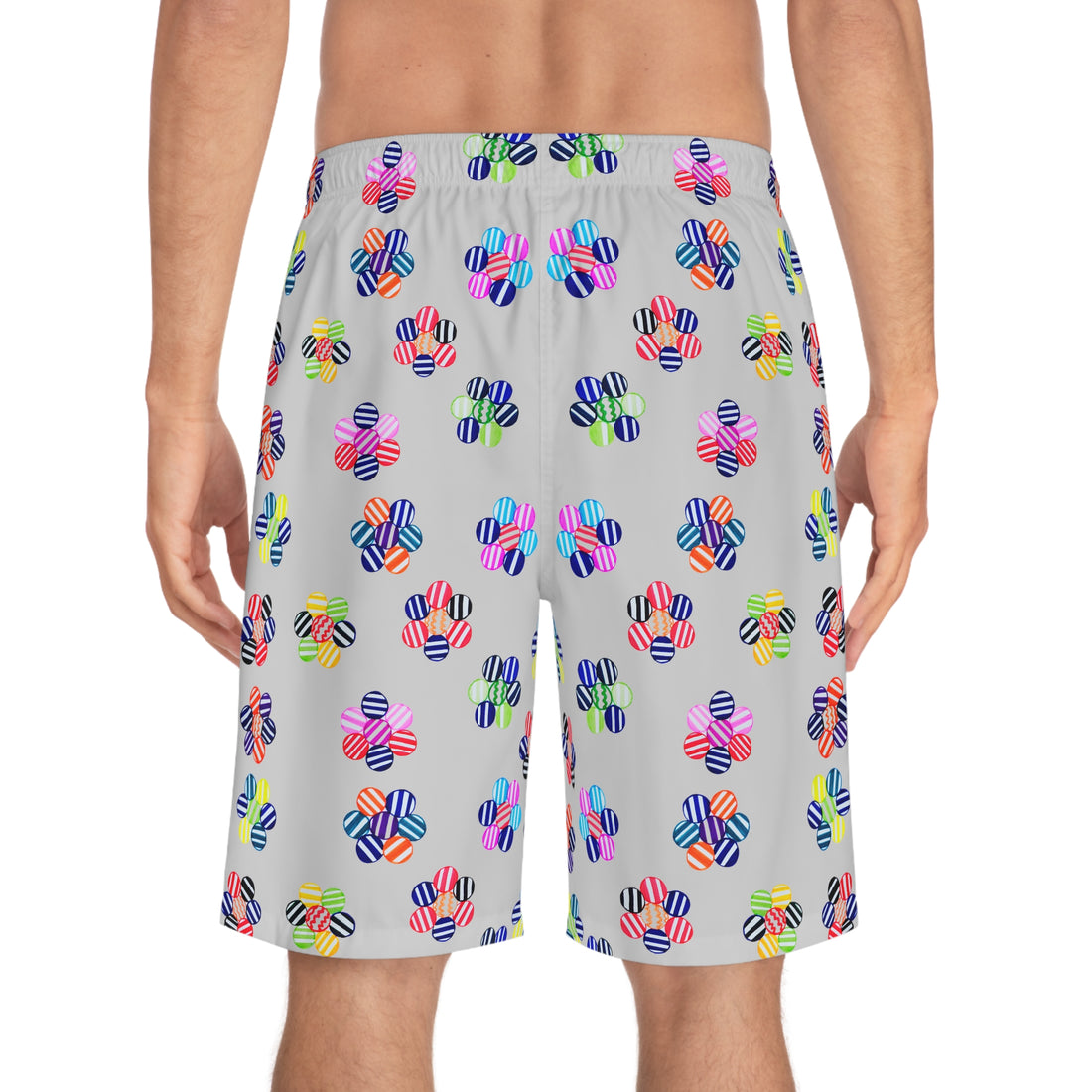 slate geometric floral board shorts for men with elastic waistband