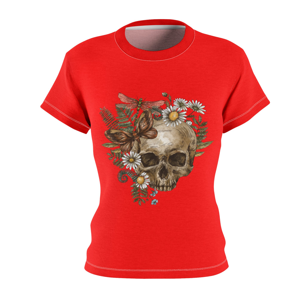 red skull, floral & butterfly vintage print t-shirt for women