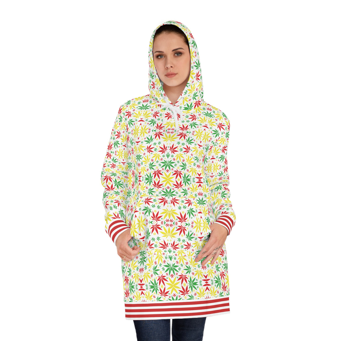 White Tropical Rasta Toned Hoodie Dress (AOP)