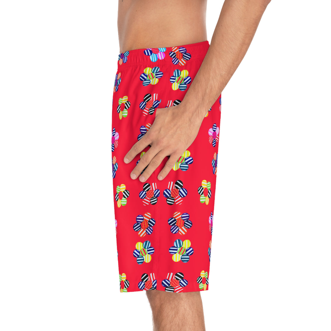 red geometric floral board shorts for men with elastic waistband