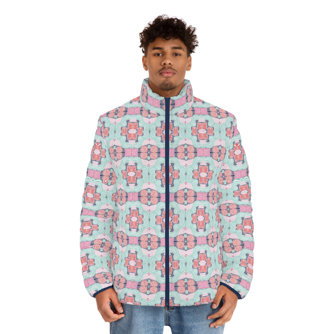 White Men's Geometric Print Puffer Jacket