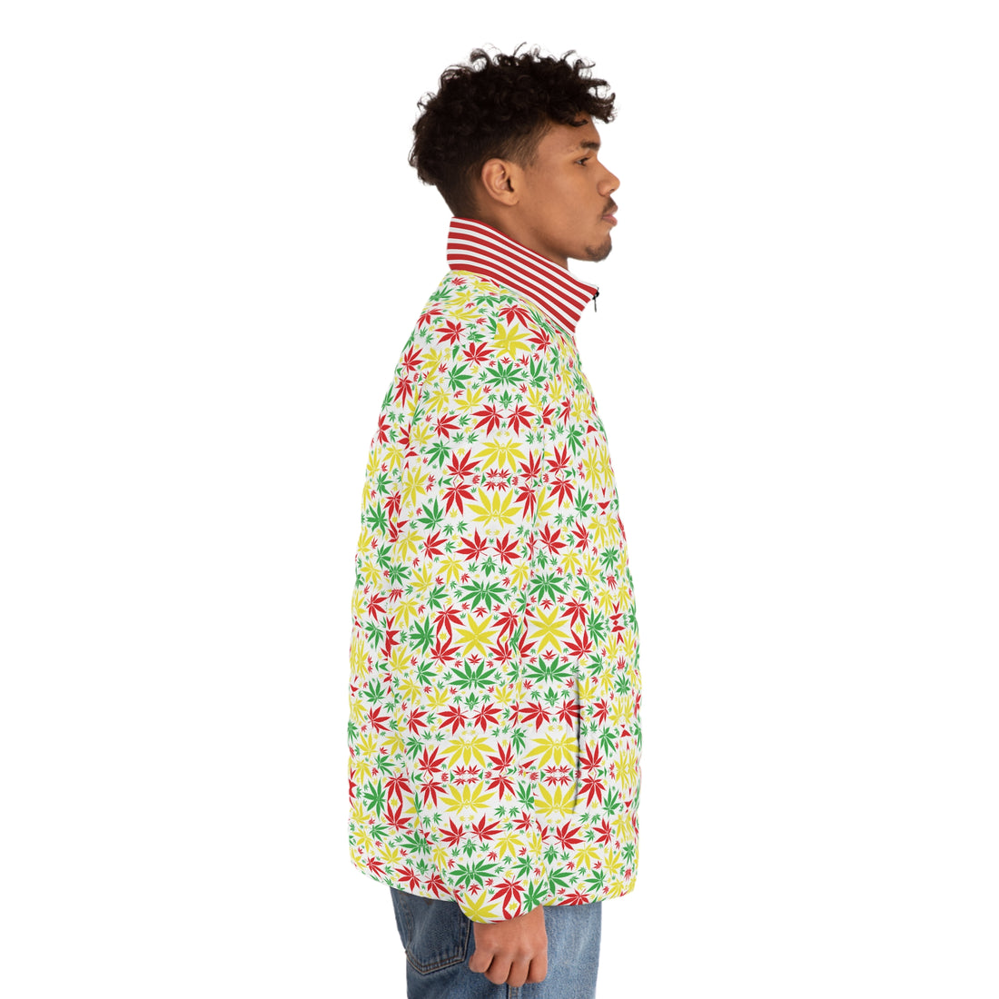 White Tropical Rasta Toned Men's Puffer Jacket