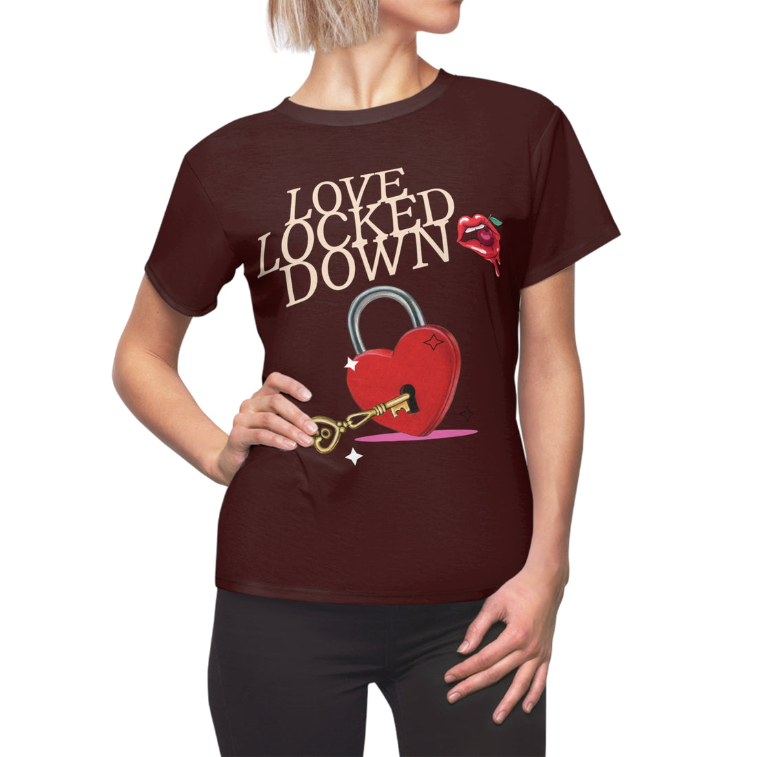 Marsala Love Locked Typography AOP Women's Cap Sleeves T-shirt