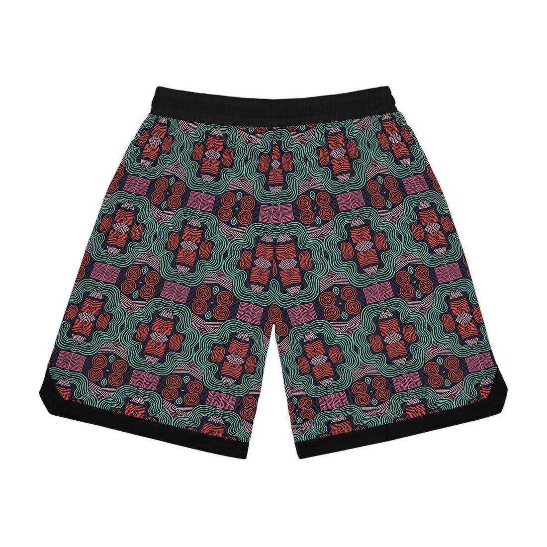 Black Geometric Print Basketball Rib Shorts (AOP)
